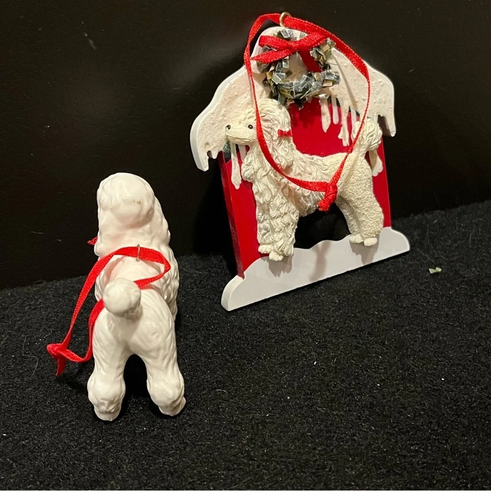 Vintage Holiday Poodle Ornament Set - Red and White